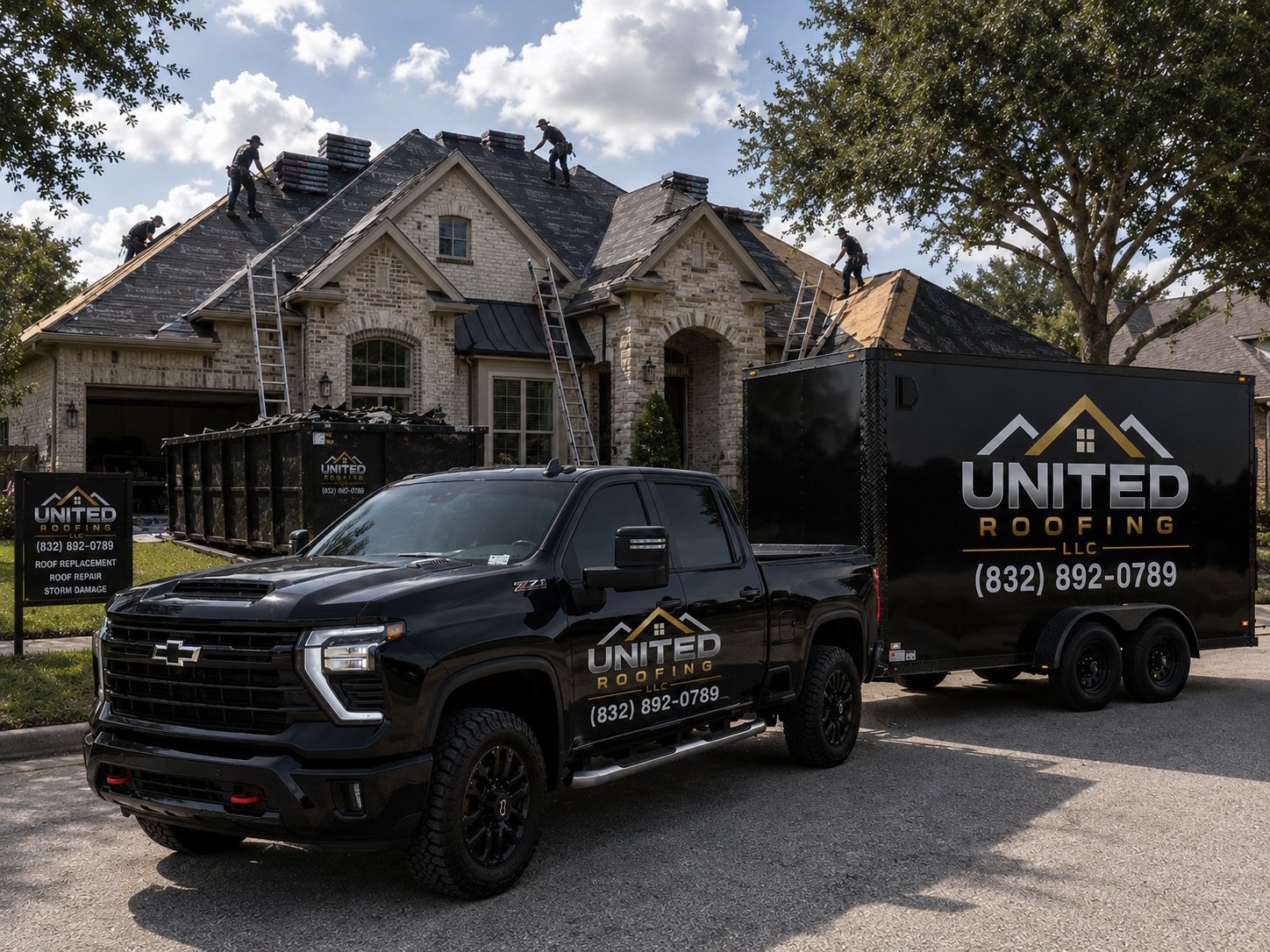 United Roofing LLC Houston fleet truck and trailer at job site