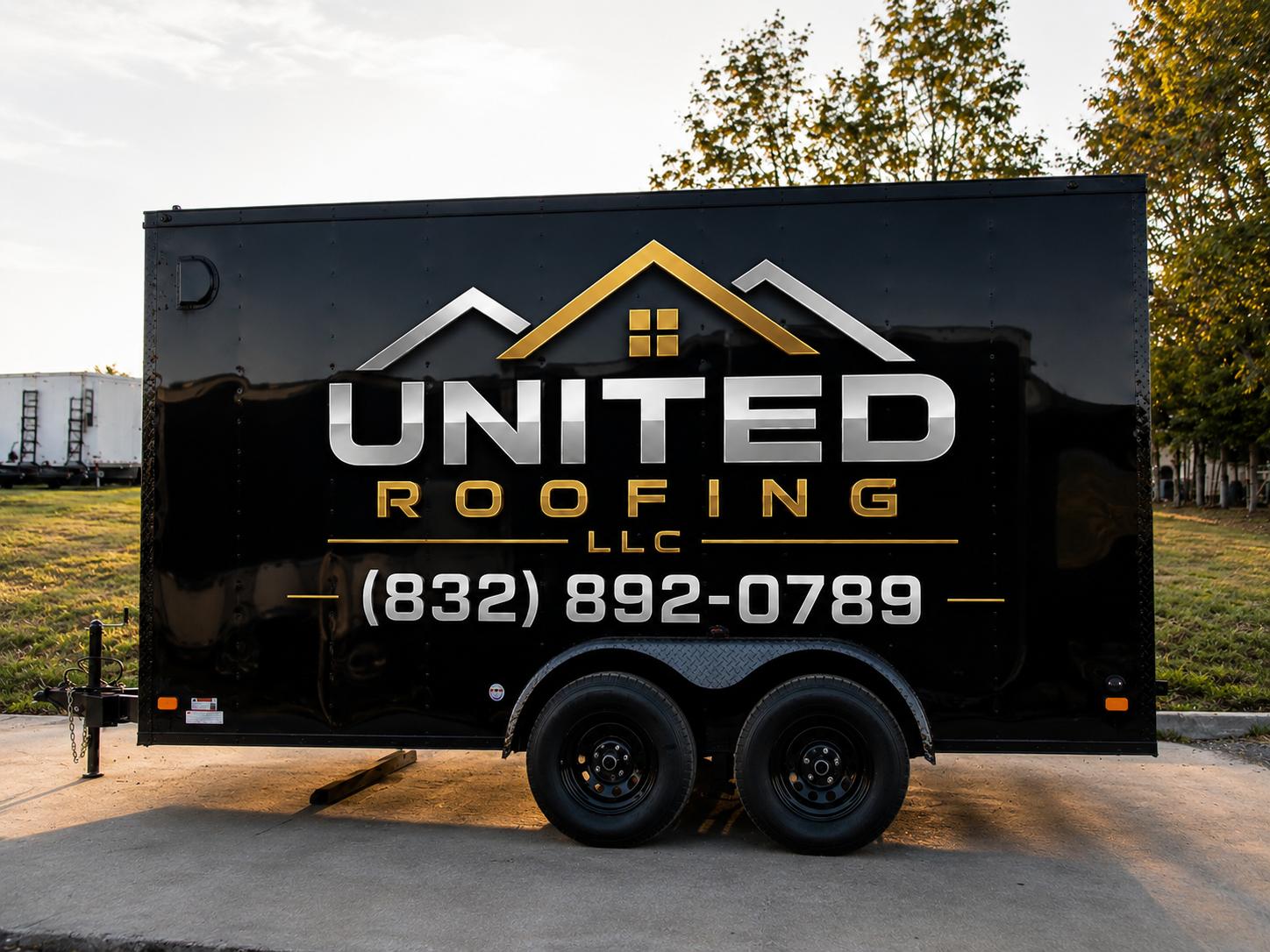 United Roofing LLC equipment trailer Houston TX — professional roofing fleet